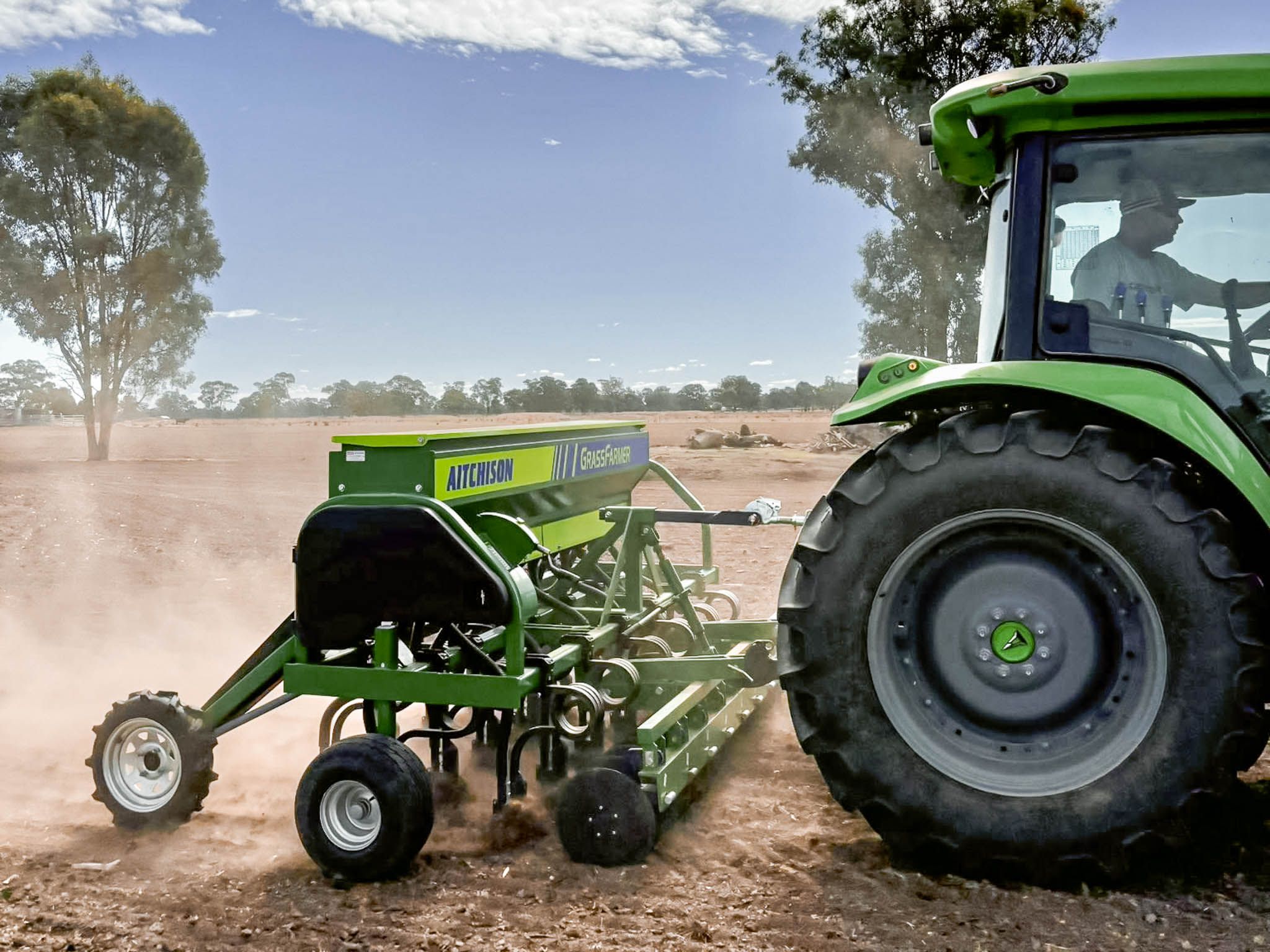 GrassFarmer® in dry Australian country, showing the T-Boot openers cutting in and building tilth for better seed establishment.