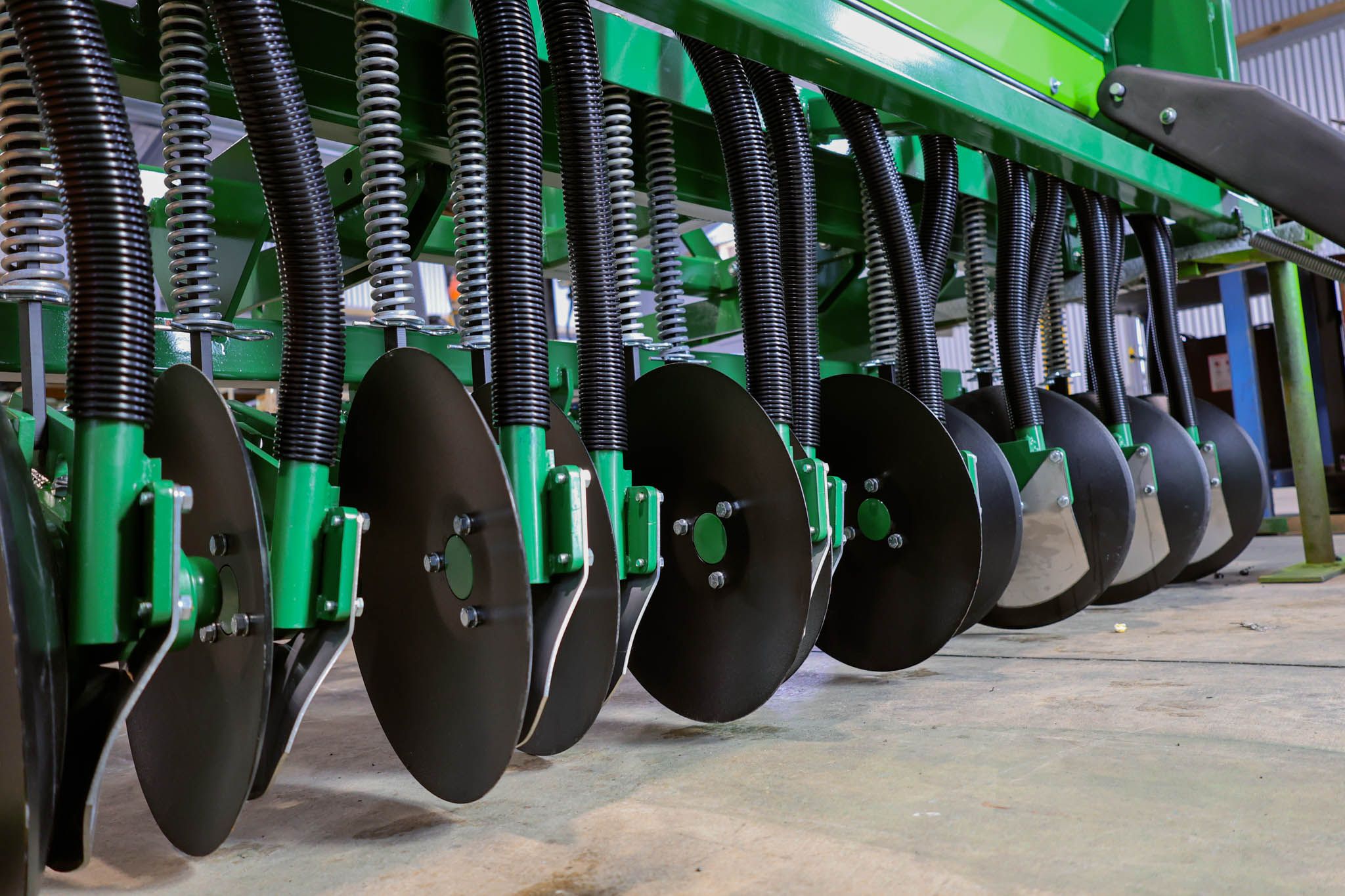 GrassFarmer® tine seed drill narrow width design available in 8, 14, and 18 row configurations for easy transport.