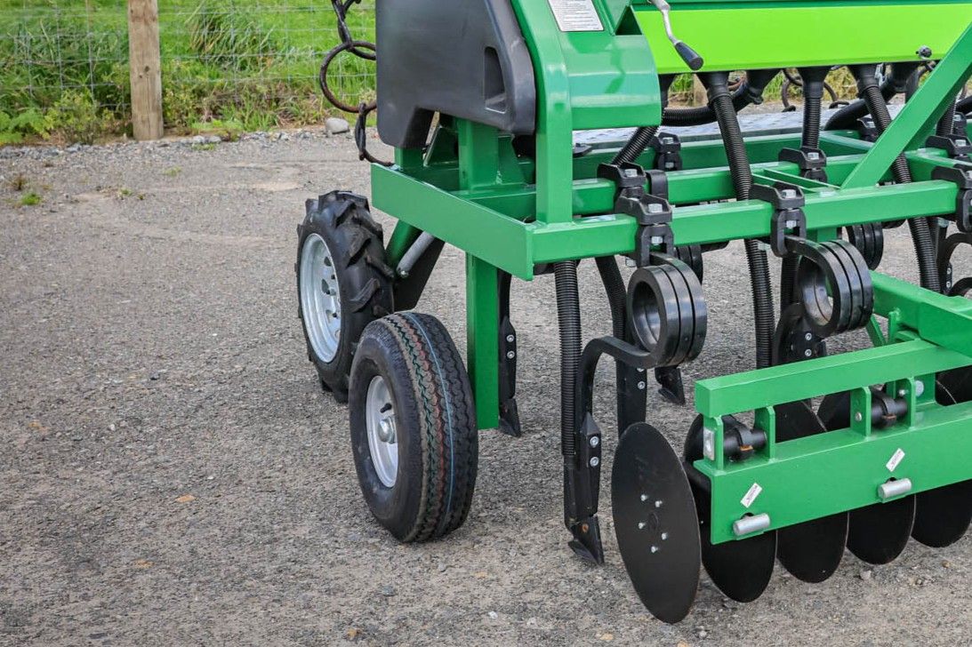 GrassFarmer® tine seed drill narrow width design available in 8, 14, and 18 row configurations for easy transport.