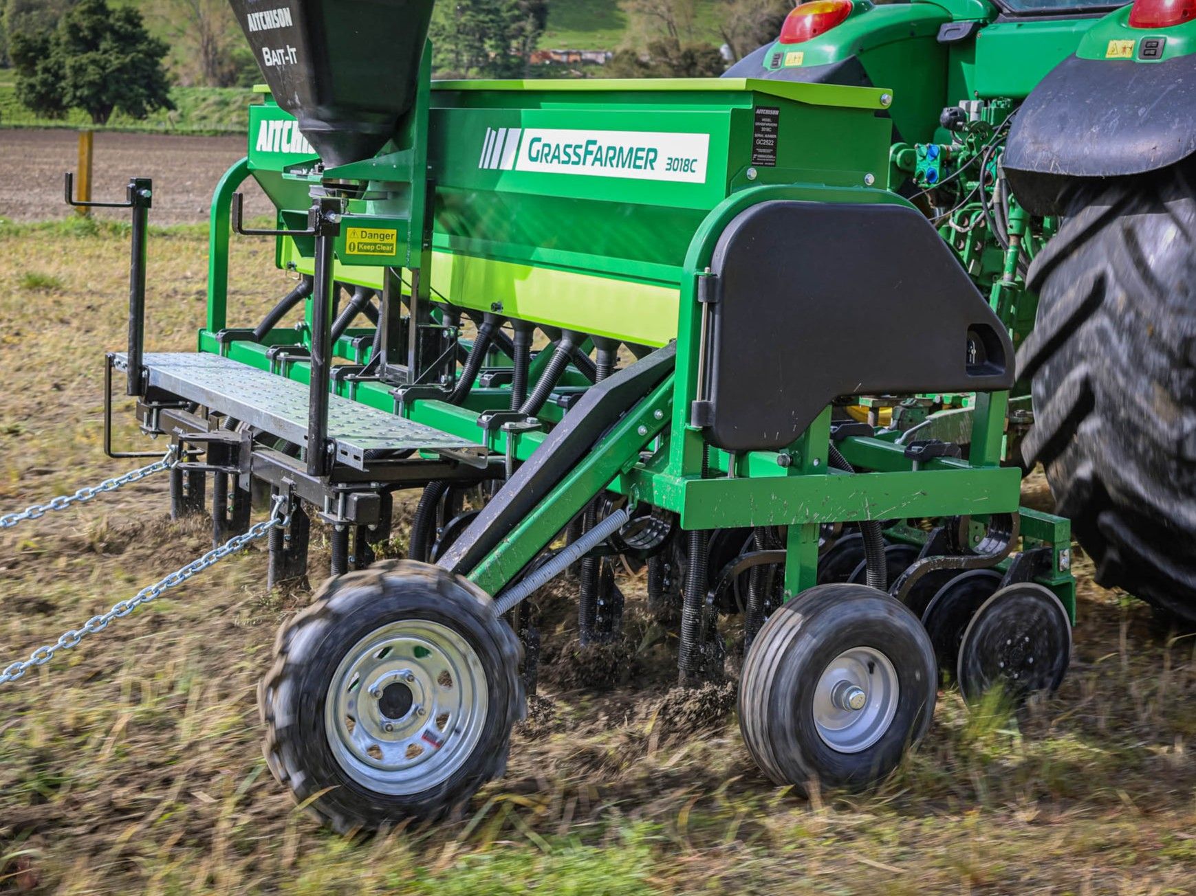 A GrassFarmer® in action on a New Zealand farm, clearly showing the sprung metering wheel, front disc coulter and 25mm tines at work.