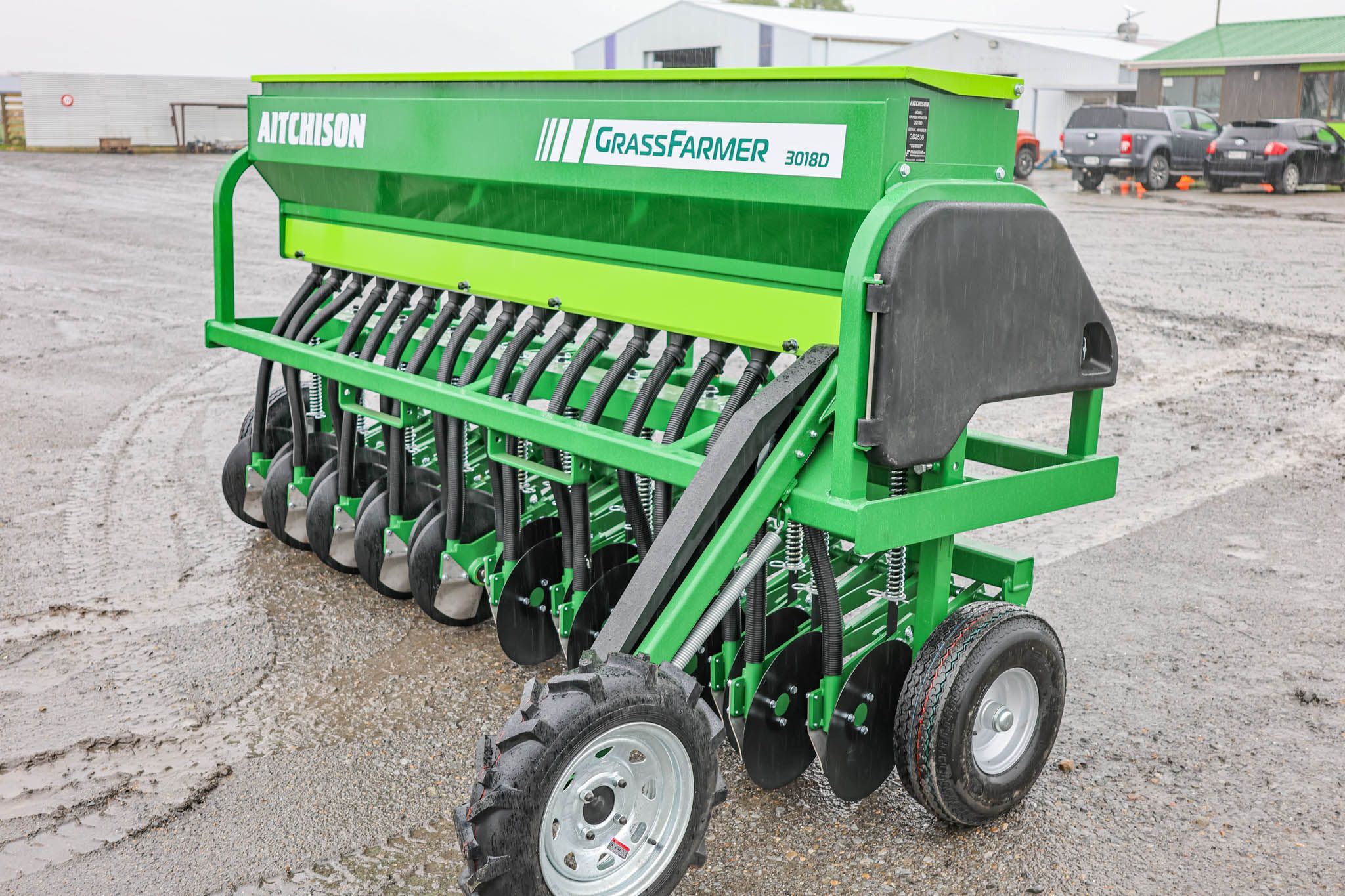 Close-up of GrassFarmer® sprung metering wheel for consistent ground contact and accurate seed rate on uneven terrain.
