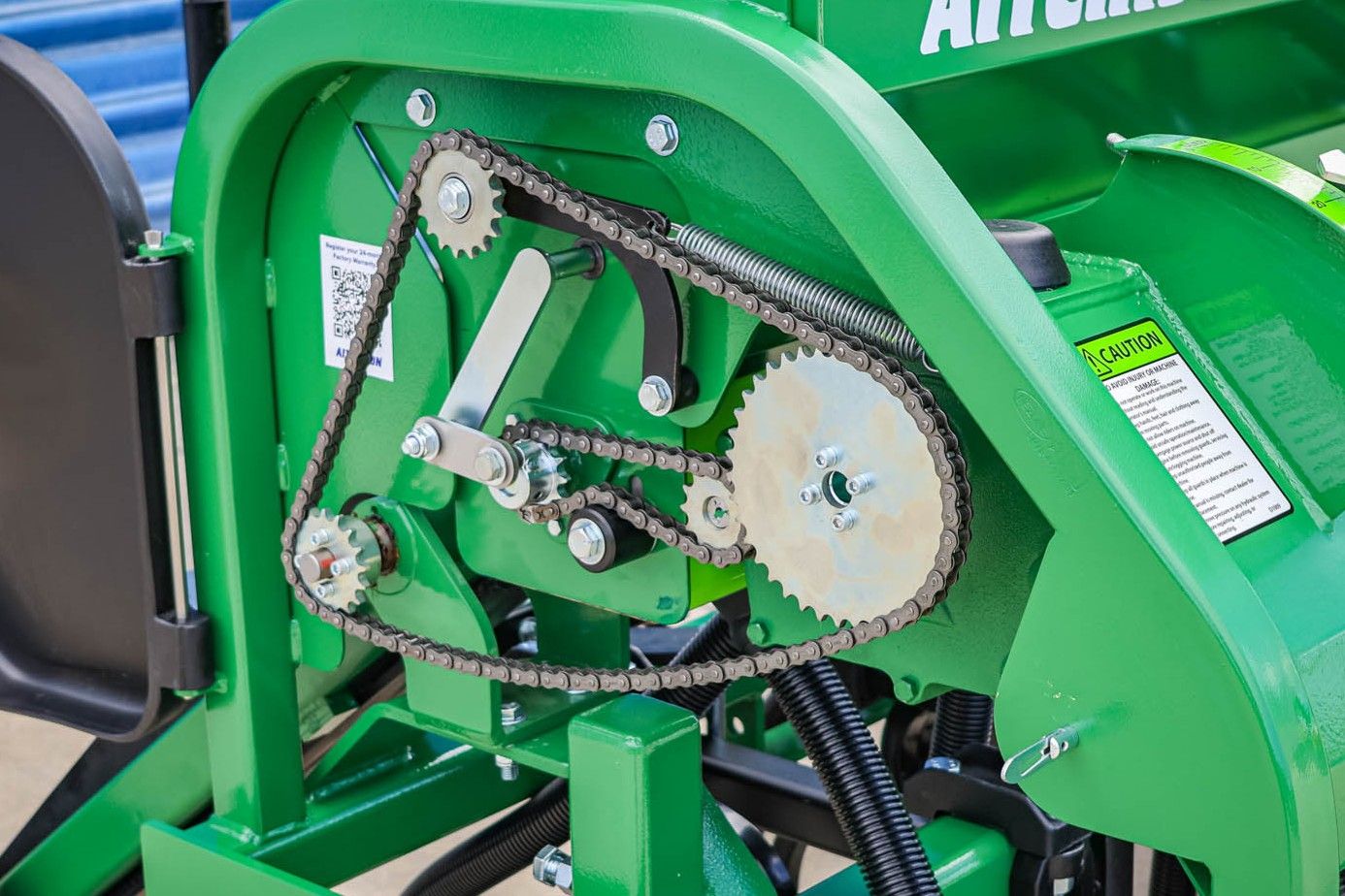 Close-up of GrassFarmer® two-range gearbox providing sowing rates from 1kg/ha to 350kg/ha for versatile seed application.