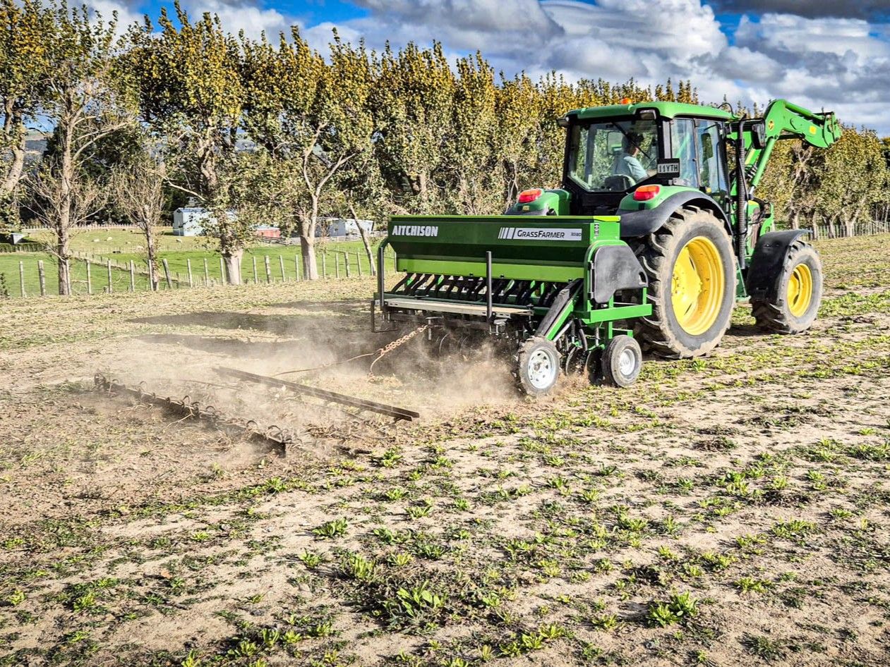 Aitchison GrassFarmer disc seed drill with HD cover harrows improving seed to soil contact in pasture