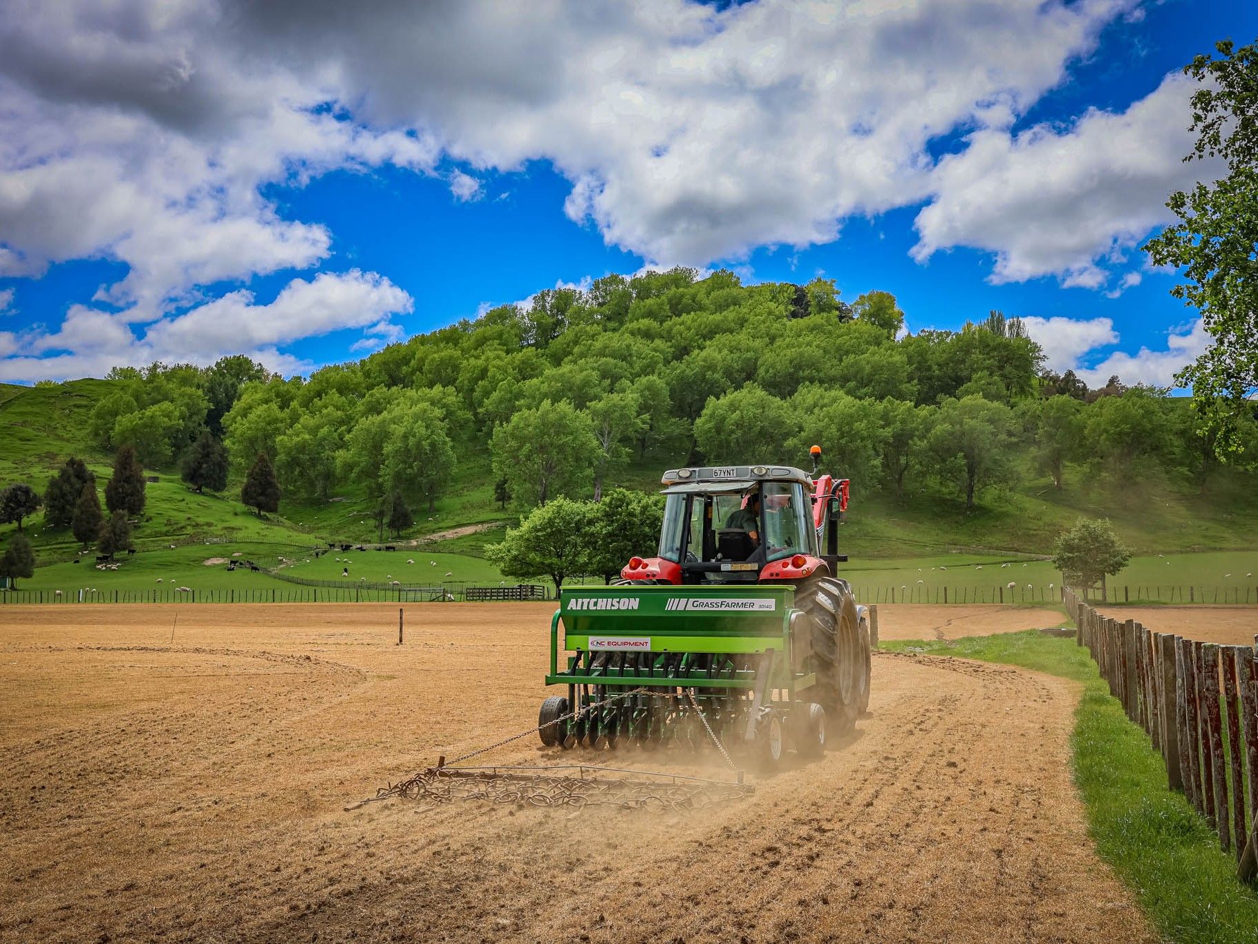 Aitchison GrassFarmer 14 row disc seed drill direct drilling into sprayed off New Zealand paddock
