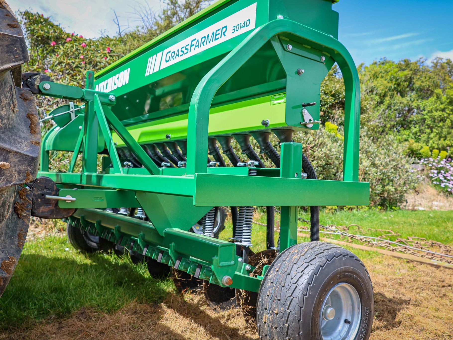 Close-up of individually sprung disc openers on Aitchison GrassFarmer disc seed drill