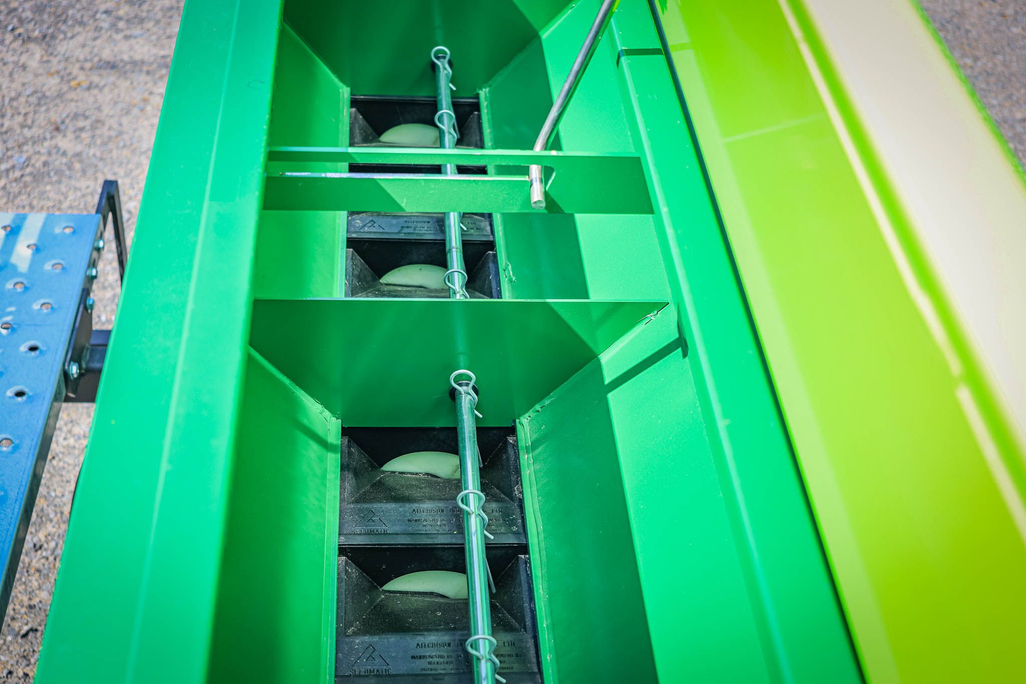 "Close-up of the GrassFarmer® tine seed drill foam pad seed delivery system.